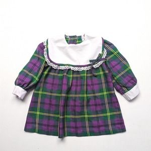 Vintage Pretty Dress Girls Size 2 Purple Plaid Bib Collar